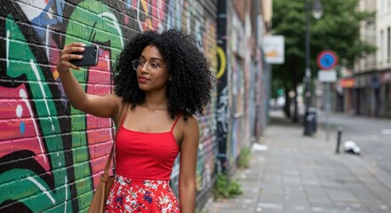 Young woman taking selfie by colorful street wall