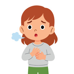 Vector illustration of a worried girl holding her chest and breathing heavily, isolated on a white background.