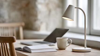 Minimalistic desk setup with a lamp, laptop, and notebook.