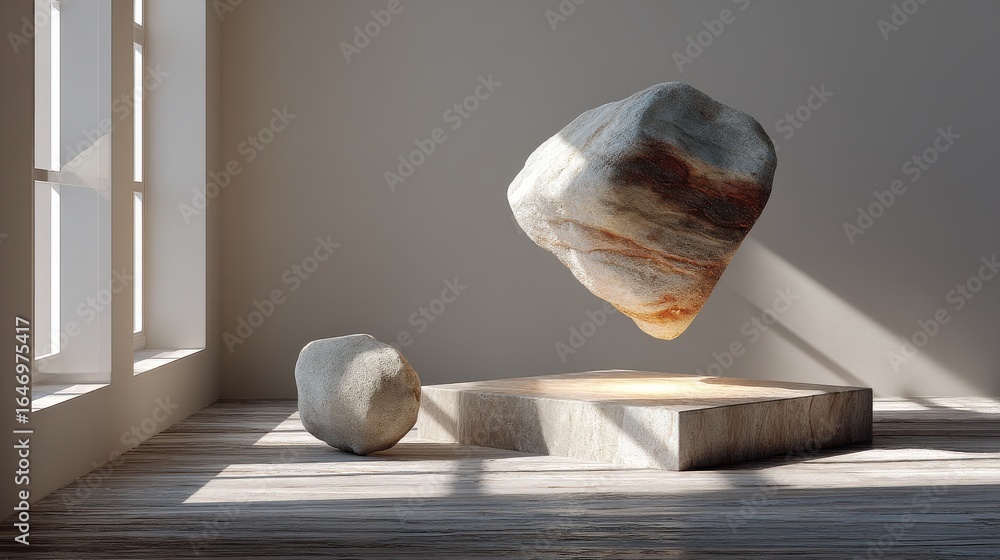Aufkleber minimal scene with a floating stone sculpture and soft shadows