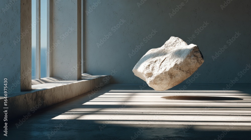 Poster minimal scene with a floating stone sculpture and soft shadows