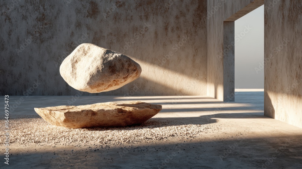 Poster minimal scene with a floating stone sculpture and soft shadows