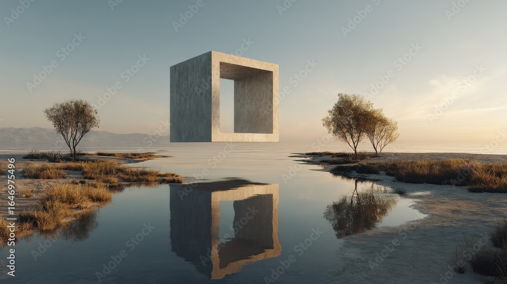 Poster minimal scene with surreal floating sculpture
