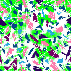 Bright seamless graffiti pattern on white background with neon green, pink, blue, and purple shapes, paint splashes, and geometric lines. Perfect for urban summer fashion and sportswear.