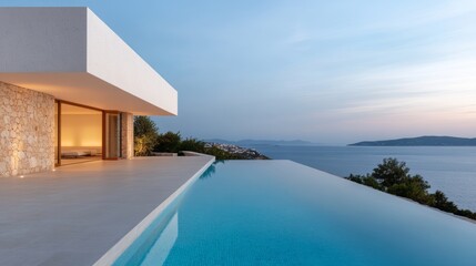 Fototapeta premium Modern Minimalist Villa with Infinity Pool Overlooking Serene Ocean at Dusk