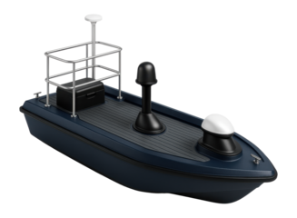 Hydrographic survey barge with sonar equipment and raised observation platform