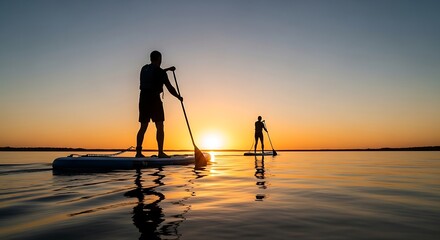 Silhouetted stand-up paddleboarders gliding across calm water during a vibrant orange and blue sunset with beautiful reflections.