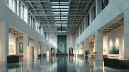 Modern museum with high ceilings and sparse exhibition layout