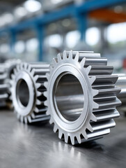Close-up of metal gears in an industrial factory setting