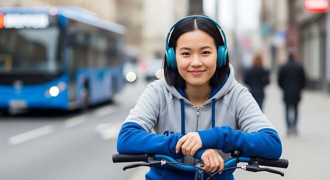 Confident young Asian woman with vibrant teal headphones smiling while resting on her bicycle handlebars on a city street.