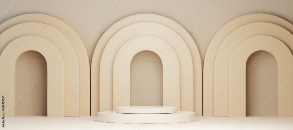 Aufkleber minimal beige podium scene with arch backdrop - cream circular platform display with architectural a