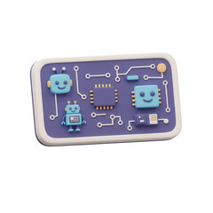 Cute Futuristic Robotics Circuit Board With Smiling Blue Robots On A Transparent Background
