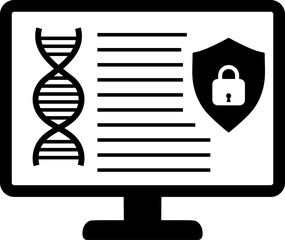 Secure Genetic Data Icon. Vector graphic of a computer with DNA and a padlock shield for data encryption and privacy.