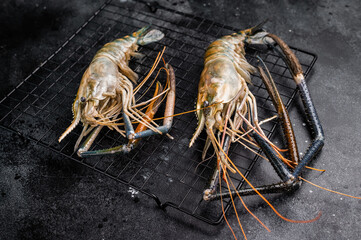Fresh raw rosenbergii shrimp prawn, perfect for gourmet dishes and seafood lovers seeking premium quality.black background. top view