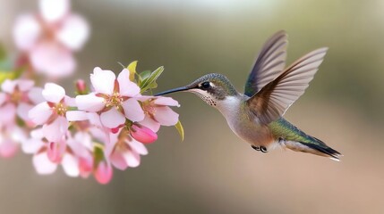 Naklejka premium Ruby-Throated Hummingbird Elegantly Sipping Sweet Nectar From Delicate Pink Flowers in Springtime