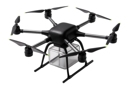 Octocopter delivery drone featuring eight rotors and an underside package holder
