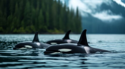 Fototapeta premium Majestic Orcas Swimming in Serene Waters Amidst Lush Green Forests and Mountainous Landscape