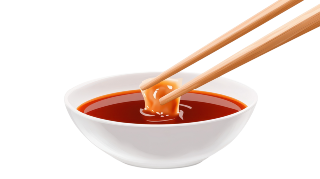 Chopsticks dip into a bowl of vibrant red sauce, capturing a droplet