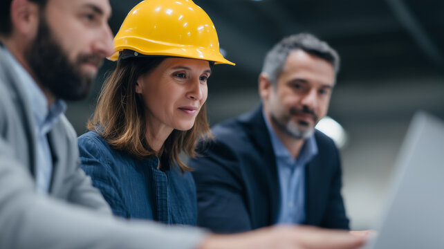 Female engineer wearing yellow hard hat working with business professionals, technology consultant team focused - Powered by Adobe