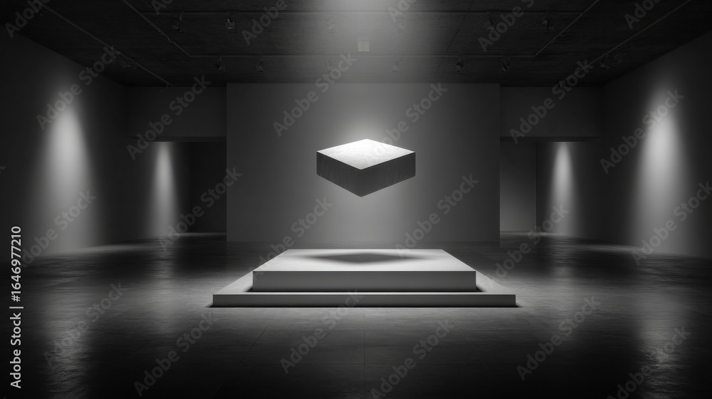 Poster single object floating above a podium in a silent minimal space