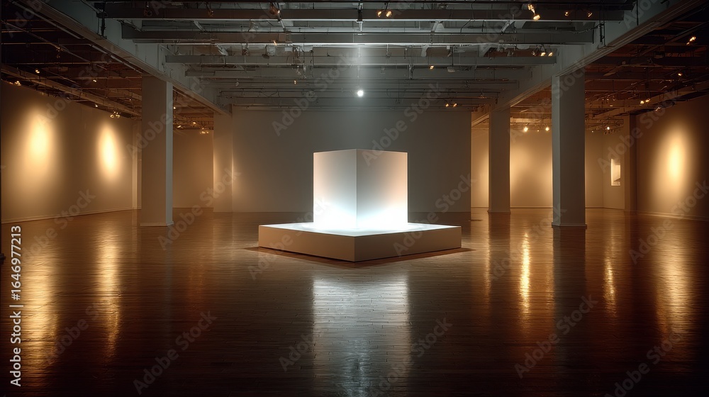 Poster single object display on podium in ultra-minimal museum