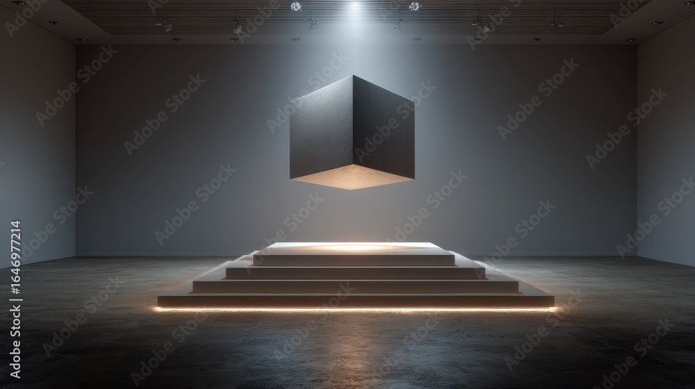 Poster single object floating above a podium in a silent minimal space