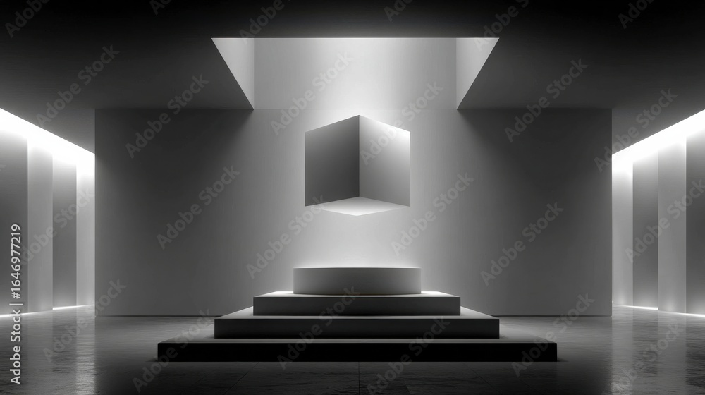Poster single object floating above a podium in a silent minimal space