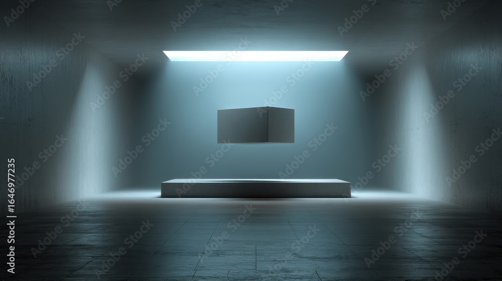 Poster single object floating above a podium in a silent minimal space