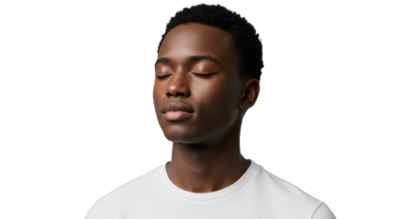 Young gender-neutral adult with clear skin, eyes closed, serene, natural hair, white t-shirt, soft high-key studio light on blurred white background, sharp focus, embodying inner peace and mindful