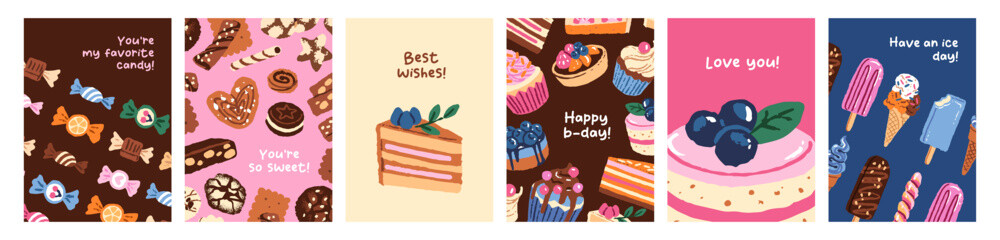 Set of greeting cards designs with confectionery. Cute postcards templates with candies cakes, ice creams. Festive layouts with lollipops, sweet dessert for congratulations. Flat vector illustrations. © Paper Trident