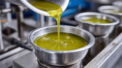 Pouring olive oil into metal bowls in a production facility.