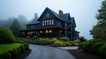 Naklejka premium Elegant Black House Surrounded by Lush Greenery in a Misty Morning Landscape