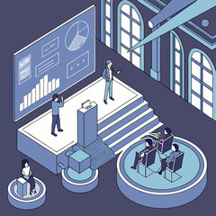 Isometric illustration of a presentation with charts and graphs being given to an audience in a room