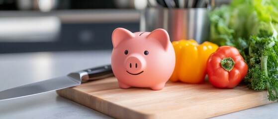 Obraz premium Adorable Pink Piggy Bank with Fresh Vegetables and Kitchen Tools on a Wooden Cutting Board