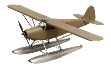 Vintage-style floatplane with a fabric-covered fuselage and wire-braced wings