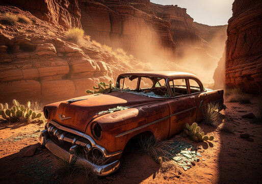 Fototapeta An old rusted vintage car abandoned in a dusty desert landscape with cacti and canyon walls