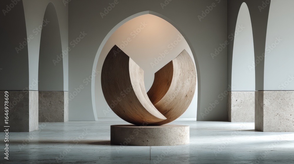 Poster wooden abstract sculpture centered in a soft minimal setting