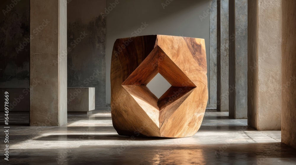 Poster wooden abstract sculpture centered in a soft minimal setting