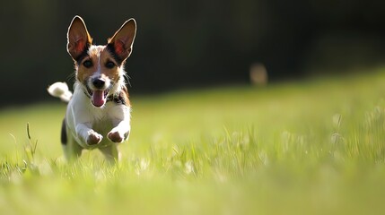 A happy jack russell terrier runs through a grassy field