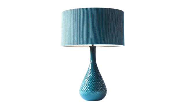 This vibrant turquoise lamp features a distinctive textured shade, enhancing elegance in contemporary interior design