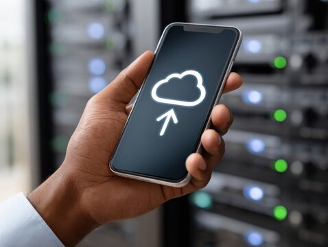 Hand holding a smartphone displaying a cloud upload icon, in front of a server rack, indicating data transfer and cloud technology.