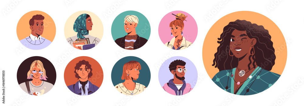 Aufkleber set of avatars with happy people. portraits of smiling men and women with round shapes of frames. ci