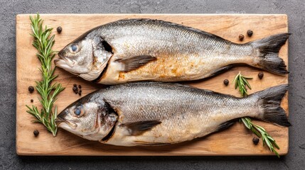 Freshly cooked fish garnished with herbs on a wooden cutting board, ready for culinary presentation.