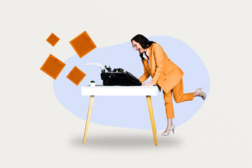 Image full pop trend collage of happy old woman type retro typewriter machine novelist paper sheet book writing reportage