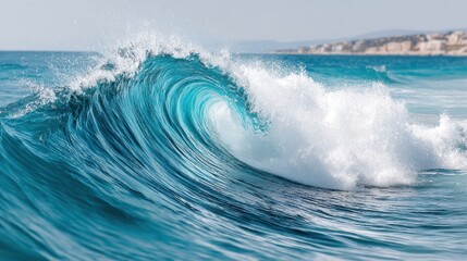 Fototapeta premium A powerful, curling ocean wave with turquoise water and white foam crests, a distant shoreline visible on the horizon.