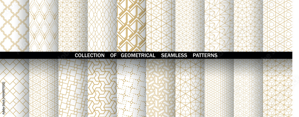 Poster geometric set of seamless golden and white patterns. simple vector graphics