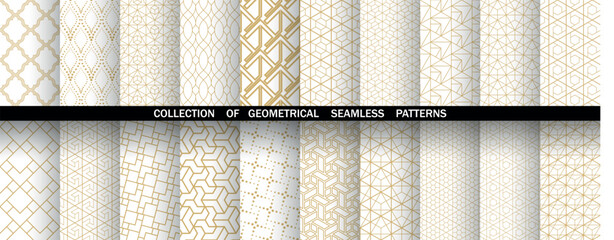 Geometric set of seamless golden and white patterns. Simple vector graphics