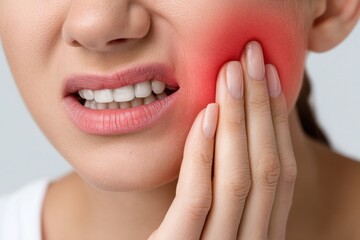 Close-up of woman with swollen cheek, touching her jaw with fingers, experiencing tooth pain.