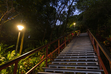 Outdoor hiking trail stair during evening light
