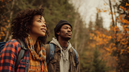 Young black couple hiking in the fall
